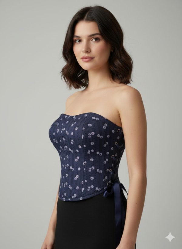 نمای جلو تاپ مجلسی دخترانه دکلته سورمهای با کاپ و فنر دوزی