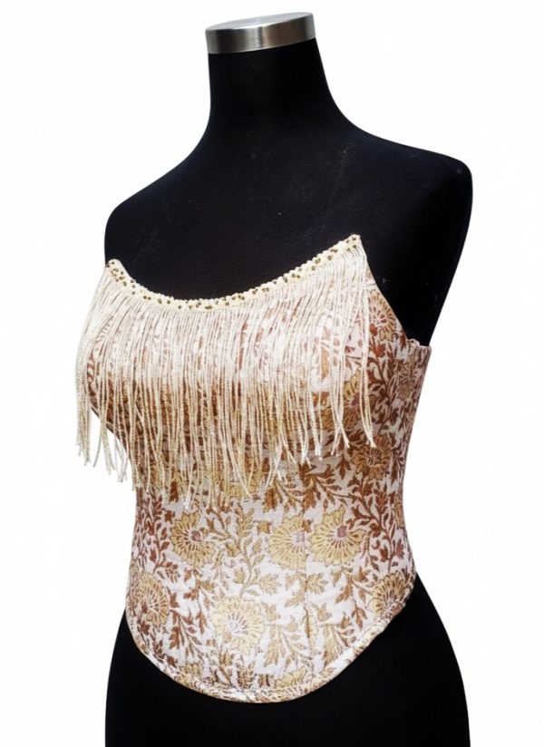 تاپ مجلسی دخترانه دکلته ژاکارد بژ و طلایی با کاپ و فنر دوزی حرفهای