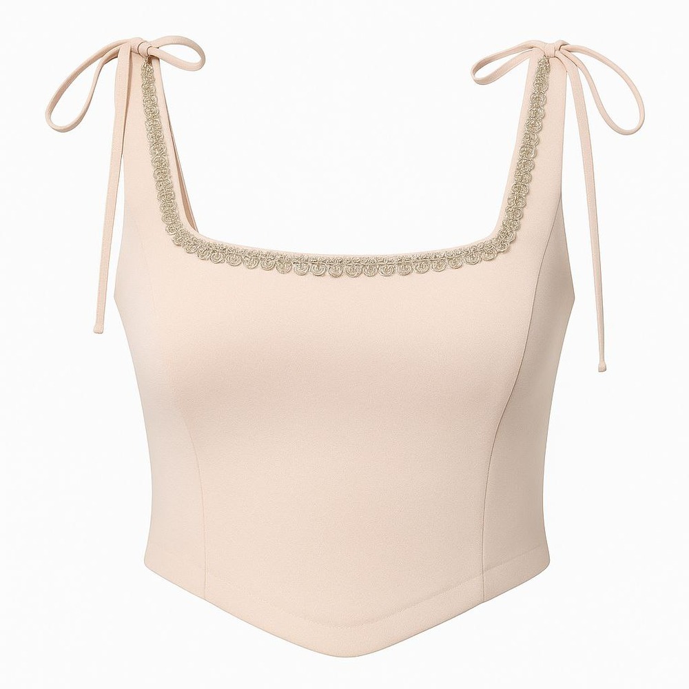 تاپ مجلسی دخترانه کاپدار کرمی روشن با یقه خشتی و بندینک قابل تنظیم